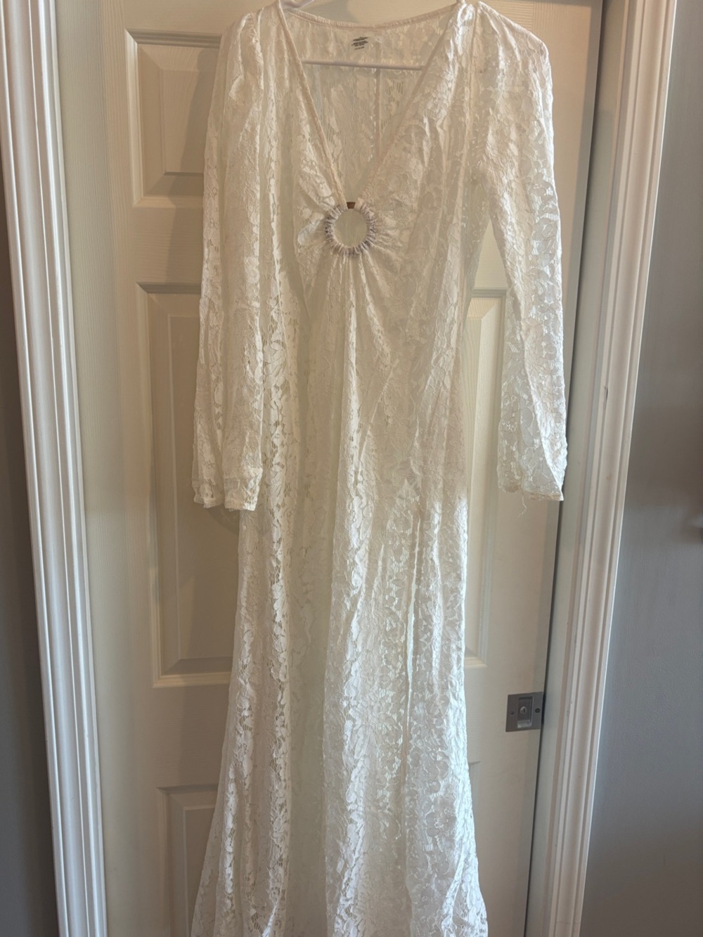 Lulu's Ivory Lace Maxi Swim Coverup with Decorative Ring